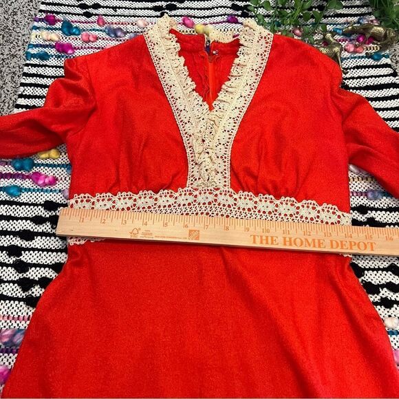 Vintage 60s 70s Gunne Sax Style Red Cream Crochet Peasant Hippie Maxi Dress - Picture 10 of 16